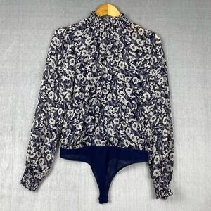 Socialite Womens Bodysuit Size M Blue Floral Long Sleeve Mock Neck Semi Sheer